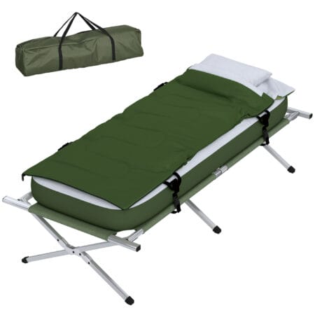 Campingbett klappbar mit Kopfkissen, 120 kg Tragkraft, Farbe Grün.
