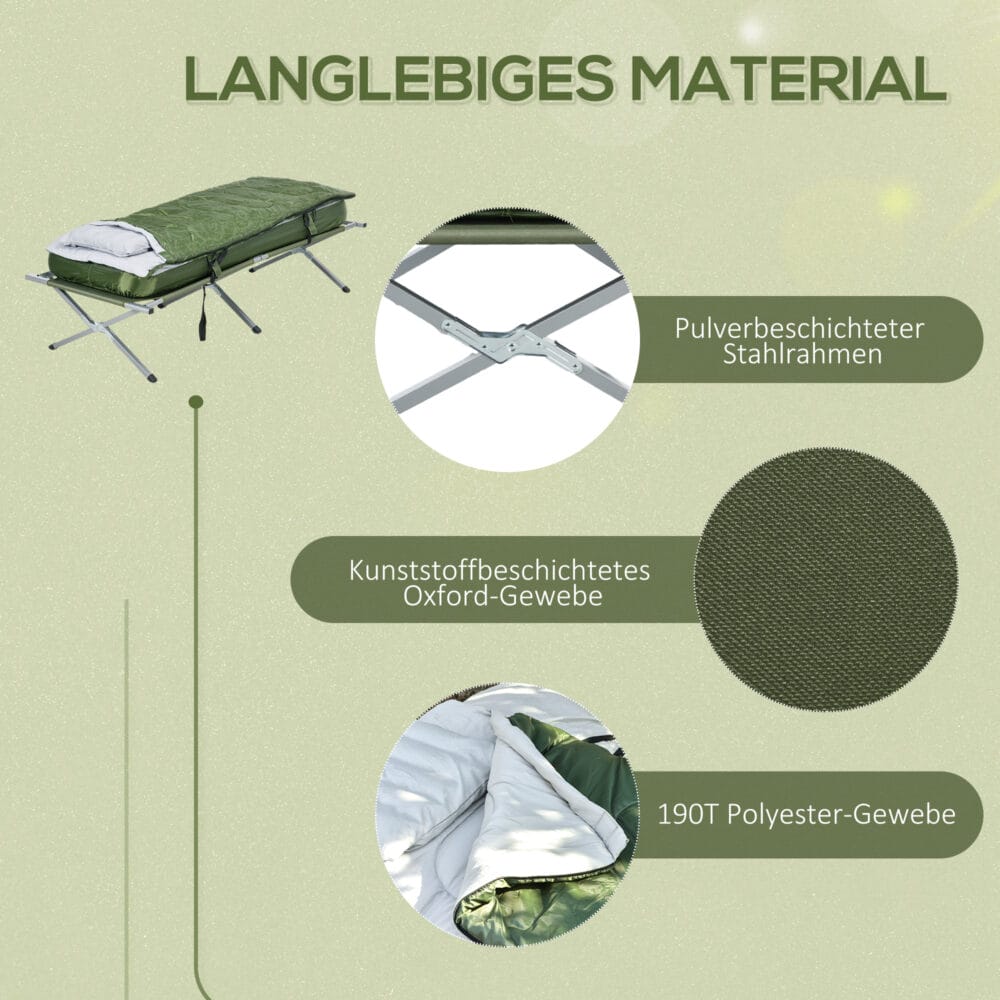 Campingbett klappbar mit Kopfkissen, 120 kg Tragkraft, Farbe Grün.