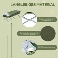 Campingbett klappbar mit Kopfkissen, 120 kg Tragkraft, Farbe Grün.