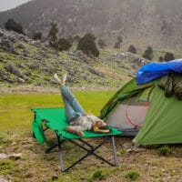 Campingbett klappbar mit Seitentasche, kompakt, Farbe Grün-Schwarz.