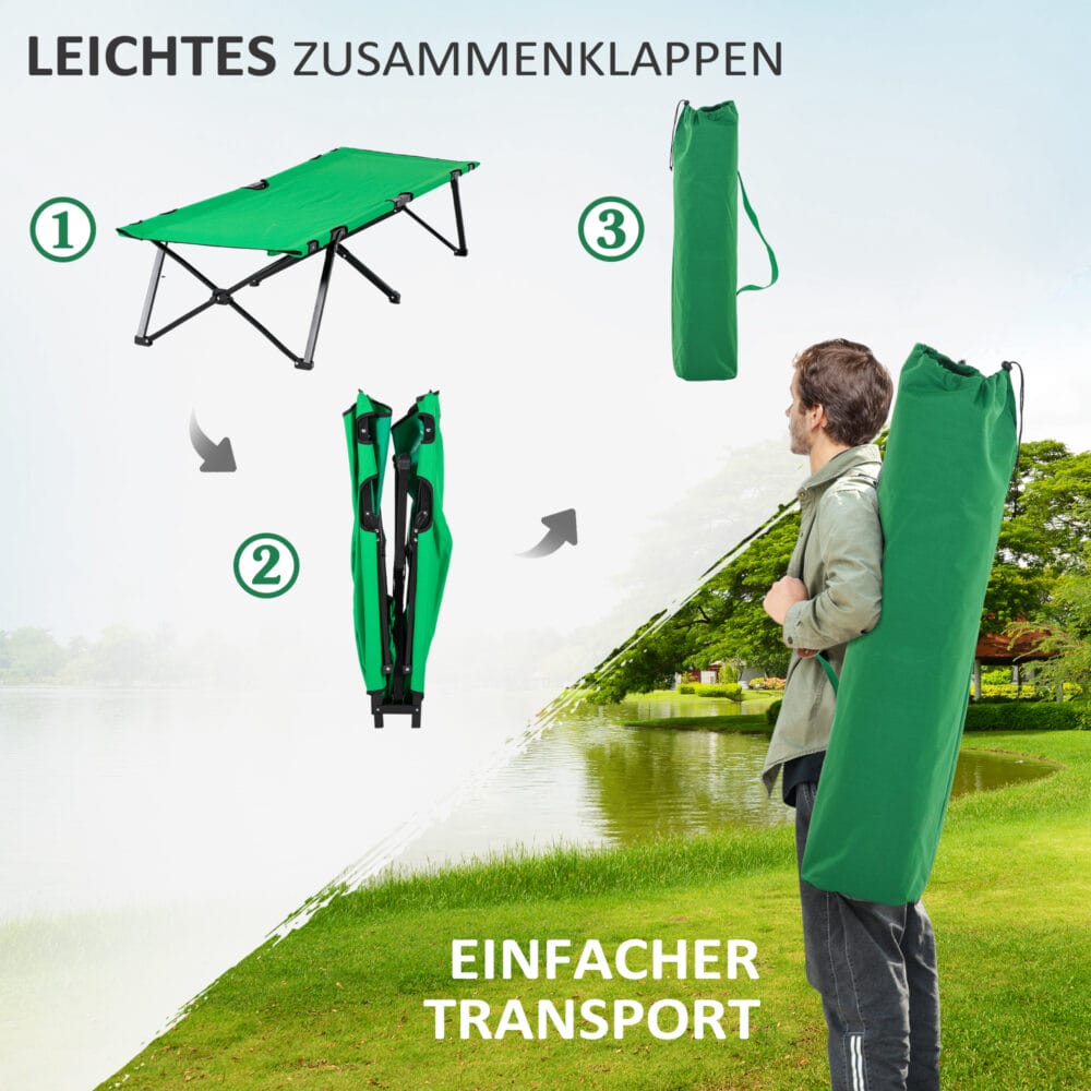 Campingbett klappbar mit Seitentasche, kompakt, Farbe Grün-Schwarz.