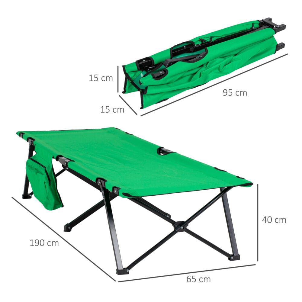 Campingbett klappbar mit Seitentasche, kompakt, Farbe Grün-Schwarz.