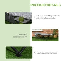 Campingbett mit Becherhalter, 68x186x48 cm, klappbar, Farbe Schwarz.