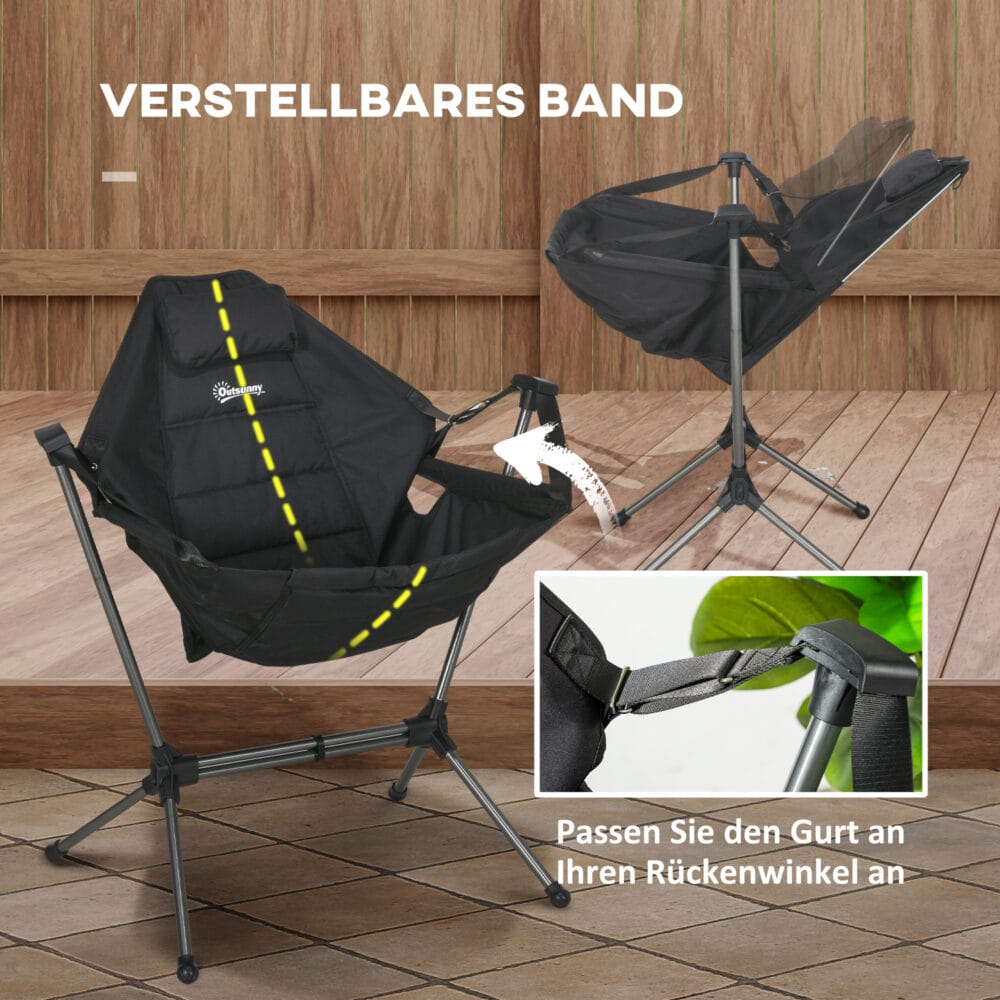 Campingstuhl faltbar, belastbar bis 120 kg, aus Oxford-Material, Farbe Schwarz.
