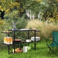 Campingtisch klappbar mit 2 Ablagen, aus Metall, Farbe Schwarz.