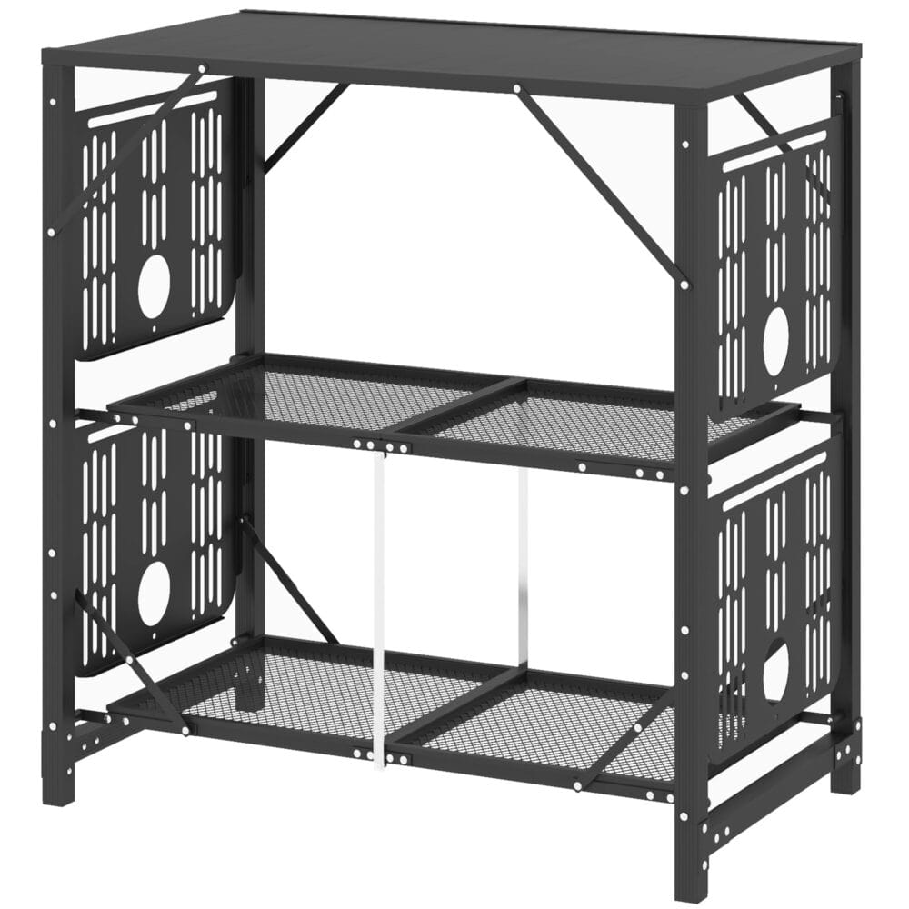Campingtisch klappbar mit 2 Ablagen, aus Metall, Farbe Schwarz.