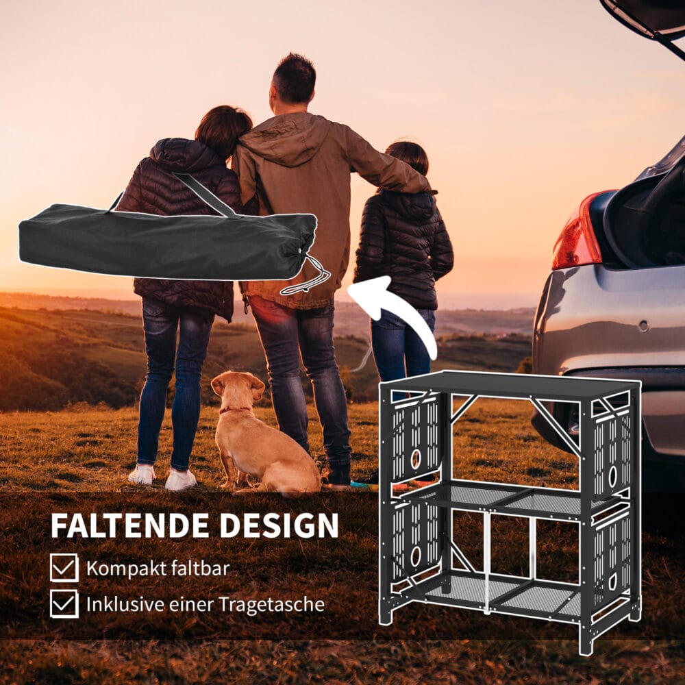 Campingtisch klappbar mit 2 Ablagen, aus Metall, Farbe Schwarz.