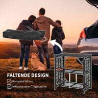 Campingtisch klappbar mit 2 Ablagen, aus Metall, Farbe Schwarz.