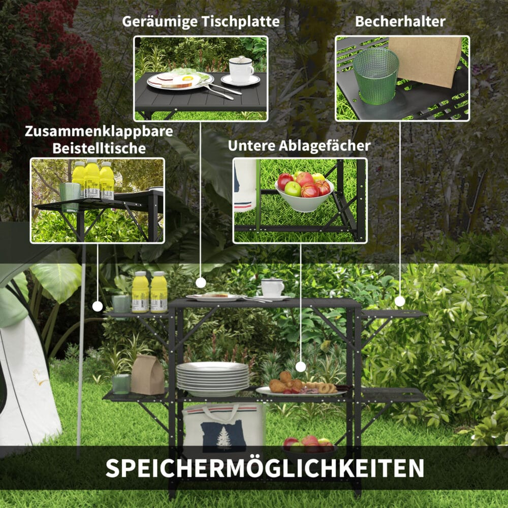 Campingtisch klappbar mit 2 Ablagen, aus Metall, Farbe Schwarz.