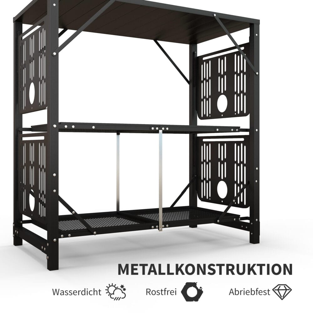 Campingtisch klappbar mit 2 Ablagen, aus Metall, Farbe Schwarz.