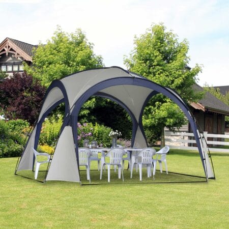Campingzelt 35x35 m, wetterfest, Farbe Cremeweiß-Blau.