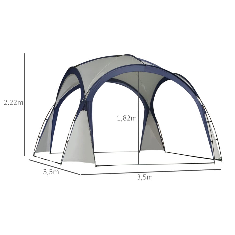 Campingzelt 35x35 m, wetterfest, Farbe Cremeweiß-Blau.