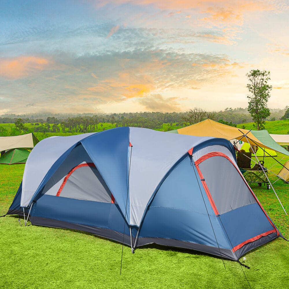 Campingzelt für 4 Personen mit UV-Schutz, 2 Räume, Farbe Blau & Weiß.
