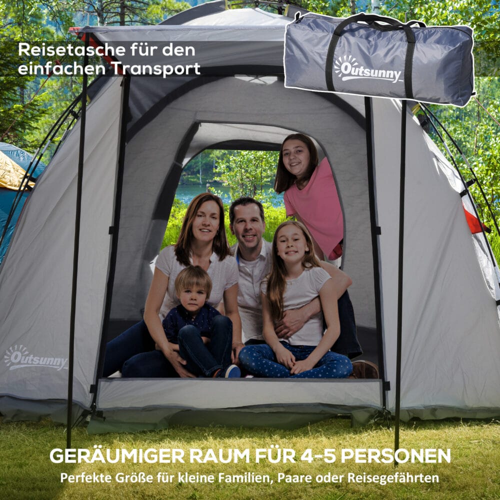 Tunnelzelt mit Meshfenstern für 5 Personen, wetterfest, Farbe Grau.
