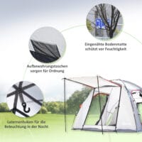 Tunnelzelt mit Meshfenstern für 5 Personen, wetterfest, Farbe Grau.