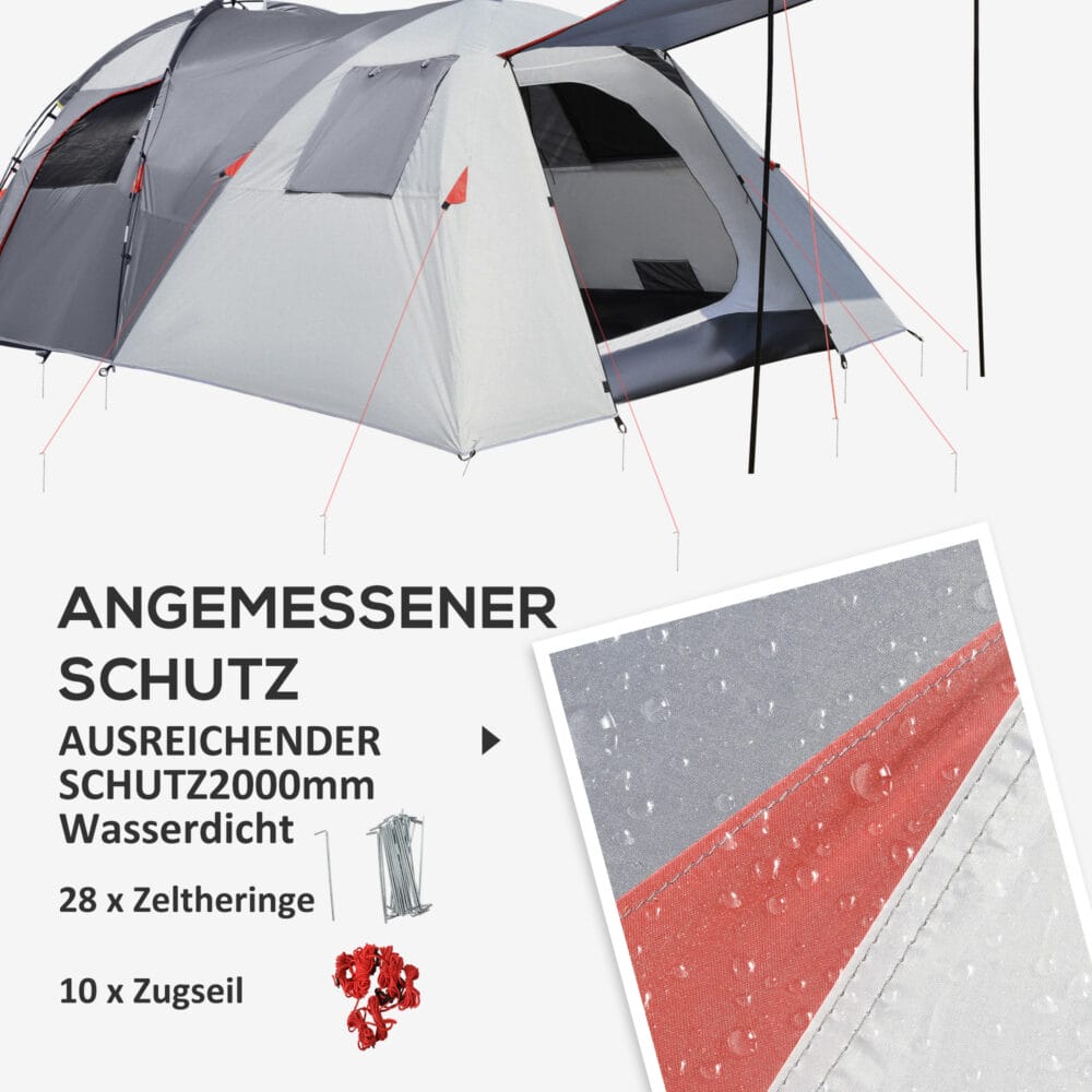 Tunnelzelt mit Meshfenstern für 5 Personen, wetterfest, Farbe Grau.