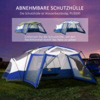 Campingzelt für 6–8 Personen, wasserdicht und geräumig, Farbe Blau.