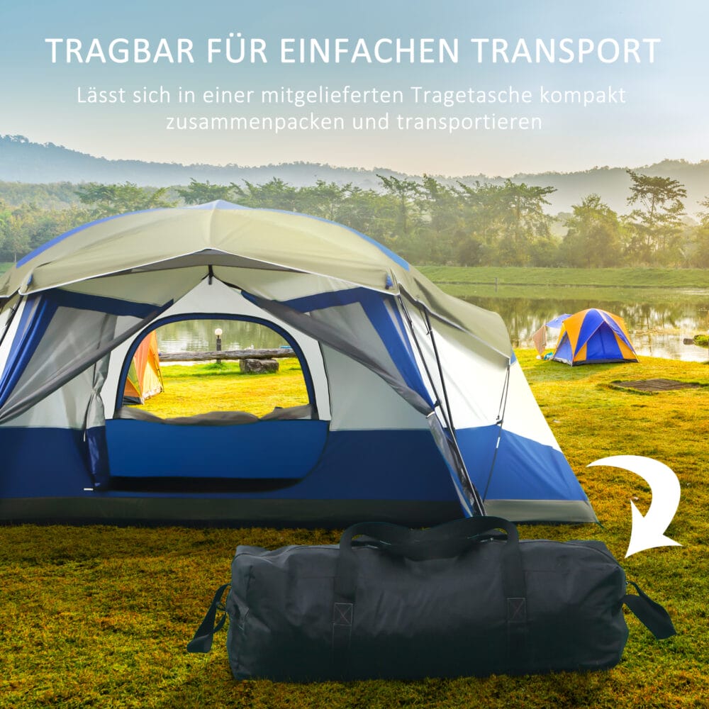 Campingzelt für 6–8 Personen, wasserdicht und geräumig, Farbe Blau.