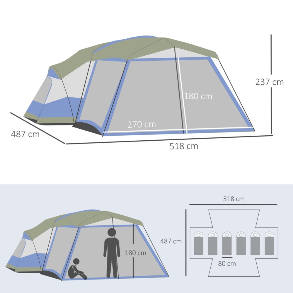 Campingzelt für 6–8 Personen, wasserdicht und geräumig, Farbe Blau.