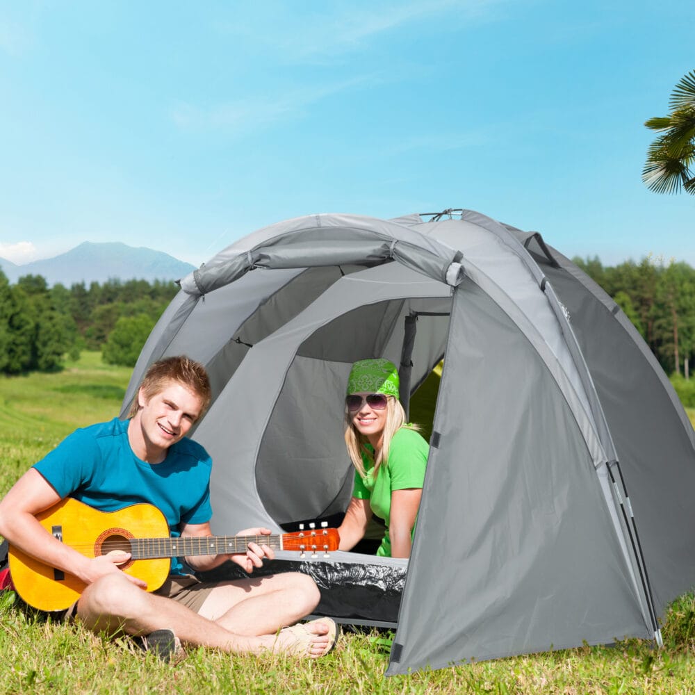 Campingzelt für 2–3 Personen, wetterfest mit Transporttasche, Farbe Grau.