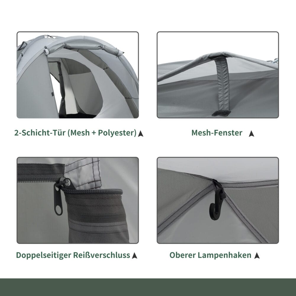 Campingzelt für 2–3 Personen, wetterfest mit Transporttasche, Farbe Grau.