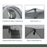 Campingzelt für 2–3 Personen, wetterfest mit Transporttasche, Farbe Grau.