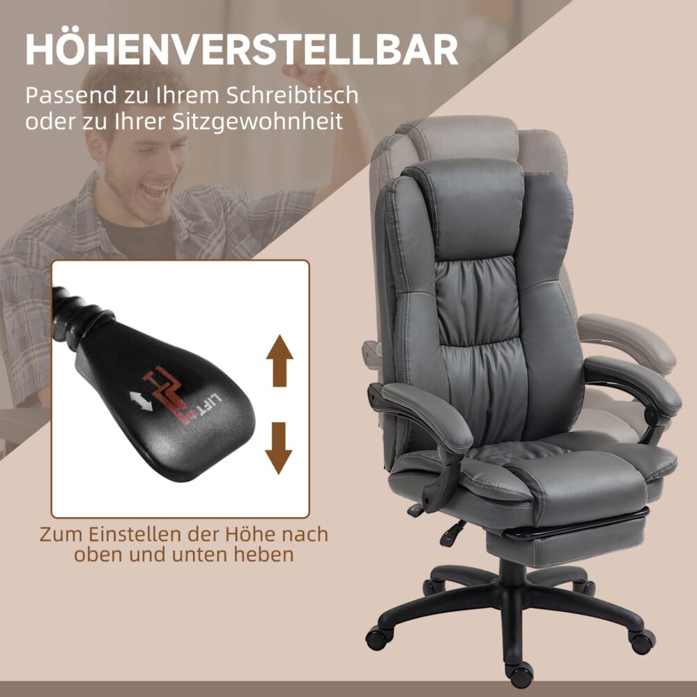 Chefsessel mit Fussstütze & Massagefunktion höhenverstellbar Dunkelgrau – Produktfoto zeigt modernes Design, hochwertige Materialien und funktionale Eigenschaften ideal für Wohn- oder Arbeitsbereiche. Perfekt als Einrichtungsinspiration oder zur Produktpräsentation in einem Onlineshop.
