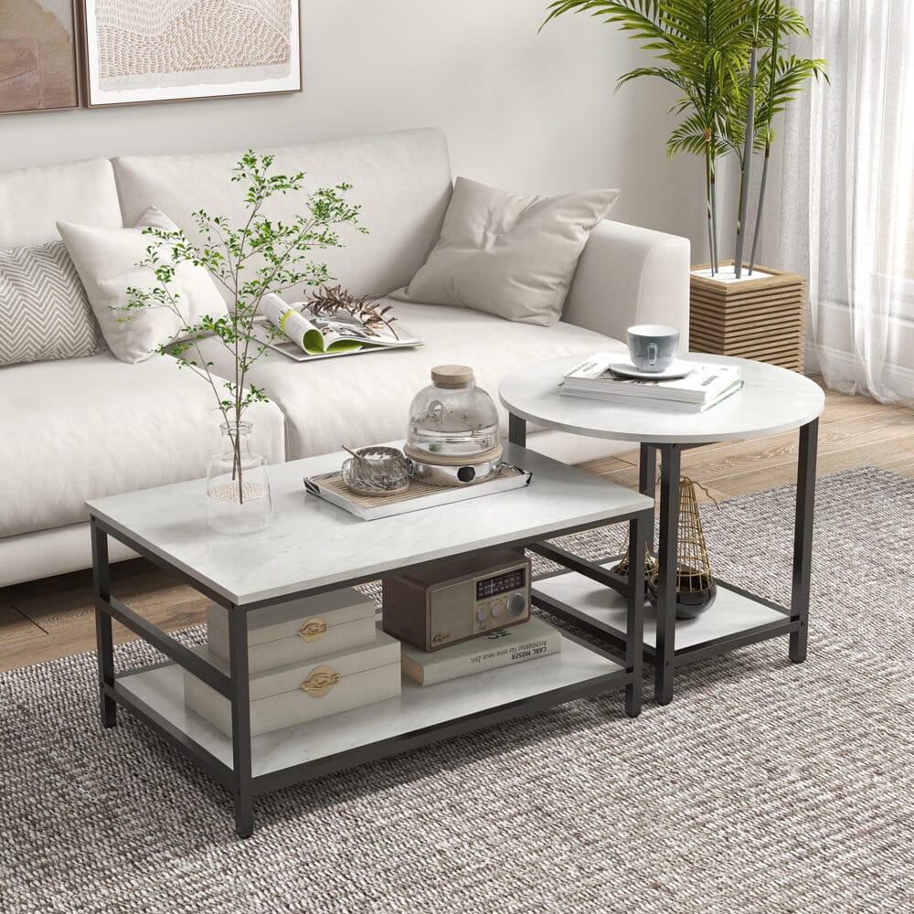 Couchtisch 2er-Set Marmoroptik Wohnzimmer Weiss – Produktfoto zeigt modernes Design, hochwertige Materialien und funktionale Eigenschaften ideal für Wohn- oder Arbeitsbereiche. Perfekt als Einrichtungsinspiration oder zur Produktpräsentation in einem Onlineshop.