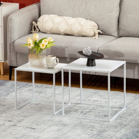 Couchtisch 2er-Set modern Design Stahlgestell Weiss – Produktfoto zeigt modernes Design, hochwertige Materialien und funktionale Eigenschaften ideal für Wohn- oder Arbeitsbereiche. Perfekt als Einrichtungsinspiration oder zur Produktpräsentation in einem Onlineshop.