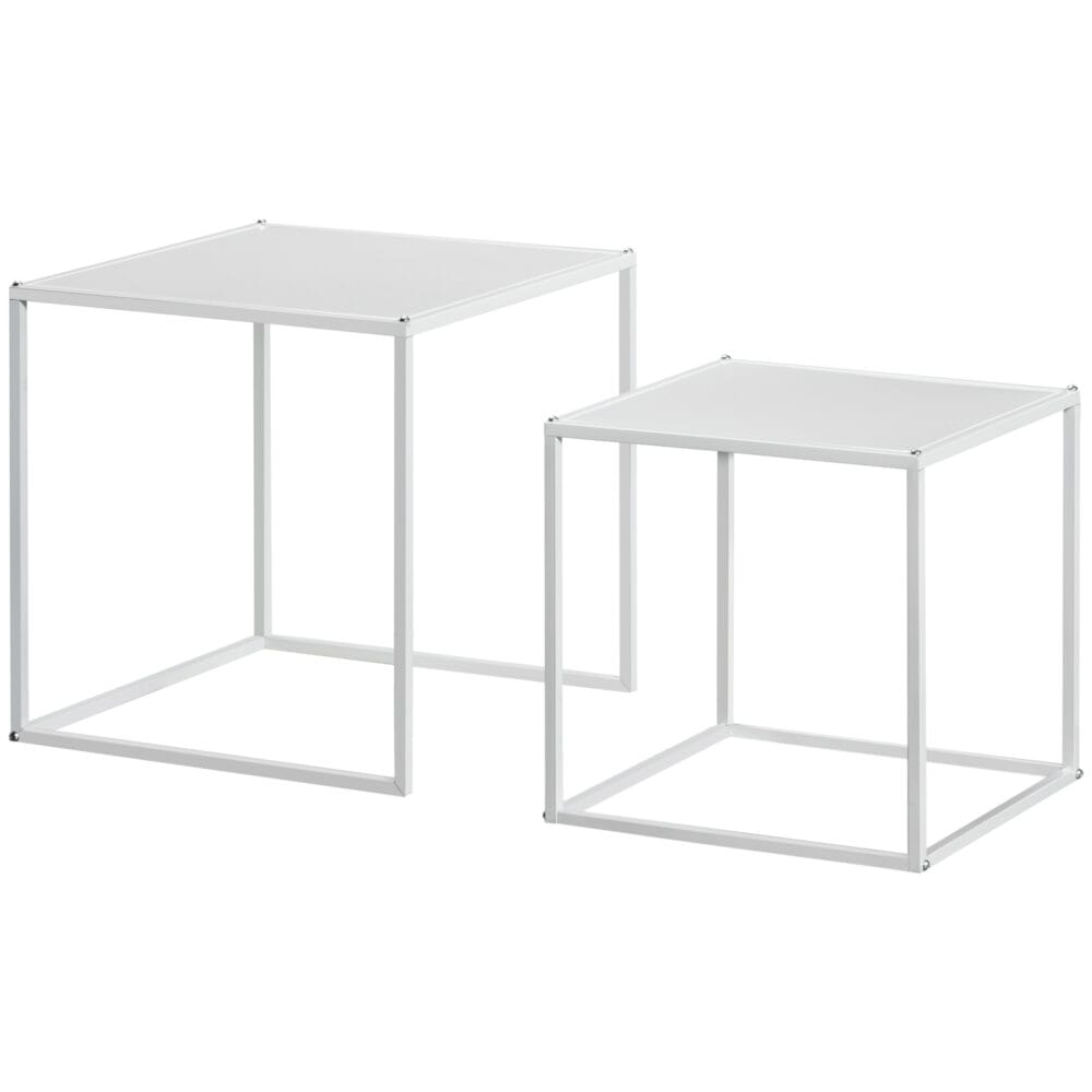 Couchtisch 2er-Set modern Design Stahlgestell Weiss – Produktfoto zeigt modernes Design, hochwertige Materialien und funktionale Eigenschaften ideal für Wohn- oder Arbeitsbereiche. Perfekt als Einrichtungsinspiration oder zur Produktpräsentation in einem Onlineshop.