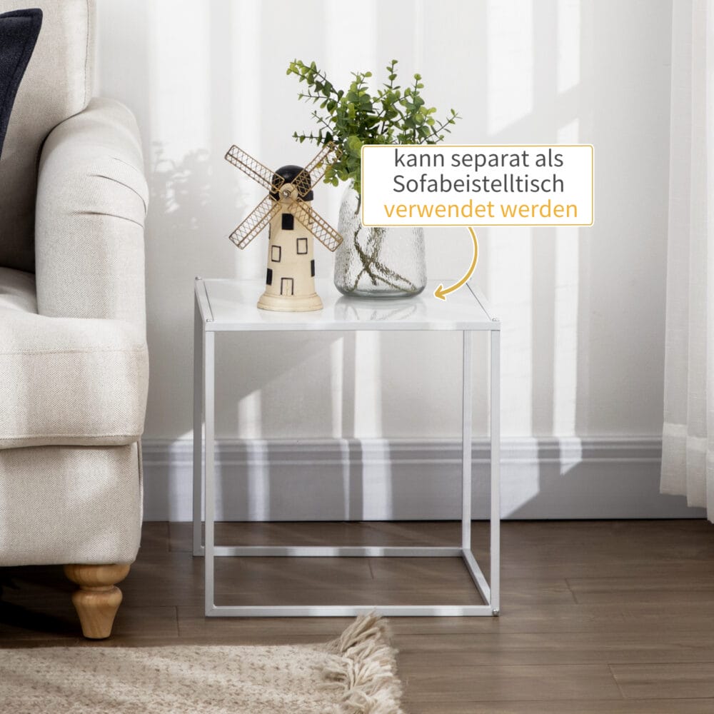 Couchtisch 2er-Set modern Design Stahlgestell Weiss – Produktfoto zeigt modernes Design, hochwertige Materialien und funktionale Eigenschaften ideal für Wohn- oder Arbeitsbereiche. Perfekt als Einrichtungsinspiration oder zur Produktpräsentation in einem Onlineshop.