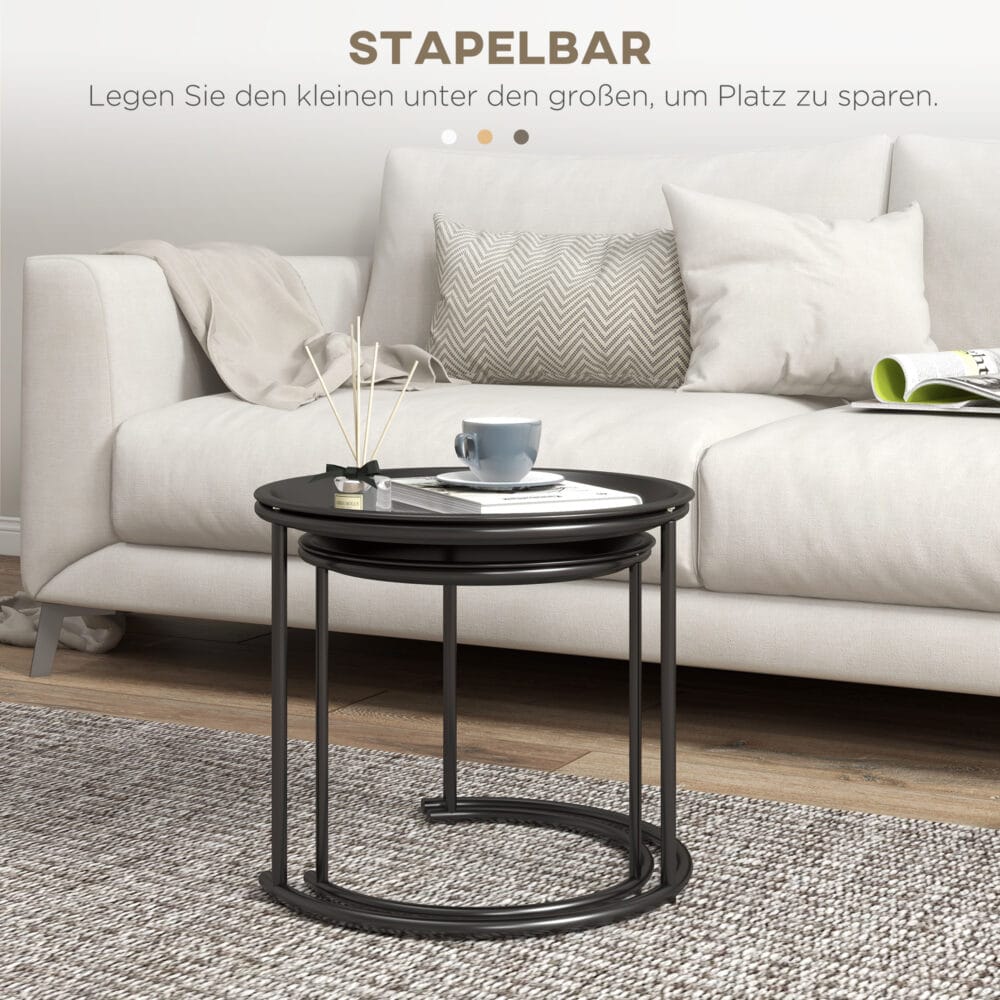 Couchtisch 2er-Set stapelbar Ø43/35cm für Wohnzimmer Schwarz – Produktfoto zeigt modernes Design, hochwertige Materialien und funktionale Eigenschaften ideal für Wohn- oder Arbeitsbereiche. Perfekt als Einrichtungsinspiration oder zur Produktpräsentation in einem Onlineshop.