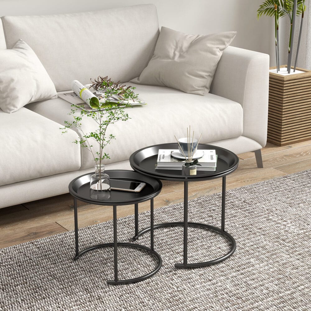 Couchtisch 2er-Set stapelbar Ø43/35cm für Wohnzimmer Schwarz – Produktfoto zeigt modernes Design, hochwertige Materialien und funktionale Eigenschaften ideal für Wohn- oder Arbeitsbereiche. Perfekt als Einrichtungsinspiration oder zur Produktpräsentation in einem Onlineshop.