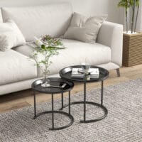 Couchtisch 2er-Set stapelbar Ø43/35cm für Wohnzimmer Schwarz – Produktfoto zeigt modernes Design, hochwertige Materialien und funktionale Eigenschaften ideal für Wohn- oder Arbeitsbereiche. Perfekt als Einrichtungsinspiration oder zur Produktpräsentation in einem Onlineshop.