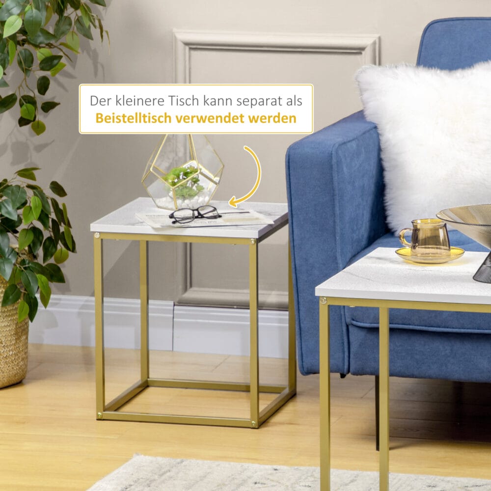 Couchtisch 2er-Set stapelbar Stahlrahmen Weiss-Gold