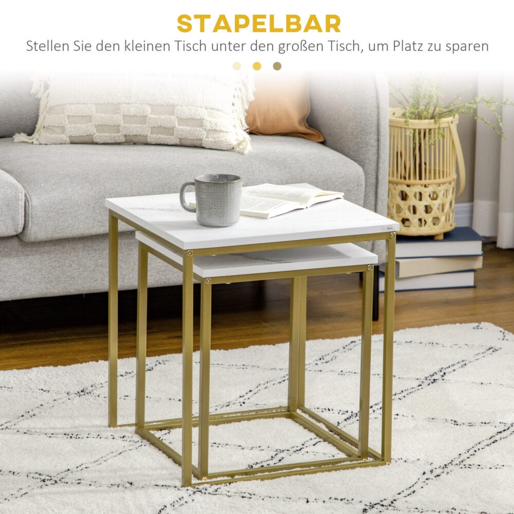 Couchtisch 2er-Set stapelbar Stahlrahmen Weiss-Gold