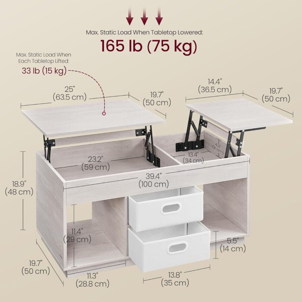 Detaillierte Maßangaben des Couchtisches mit verstellbaren Tischplatten. Maximale Traglast von 75 kg insgesamt, einzelne Platten bis zu 15 kg belastbar.