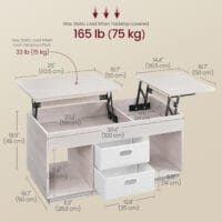 Detaillierte Maßangaben des Couchtisches mit verstellbaren Tischplatten. Maximale Traglast von 75 kg insgesamt, einzelne Platten bis zu 15 kg belastbar.