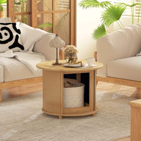 Couchtisch rund aus Bambus mit verstecktem Stauraum Ø60x45cm Natur – Produktfoto zeigt modernes Design, hochwertige Materialien und funktionale Eigenschaften ideal für Wohn- oder Arbeitsbereiche. Perfekt als Einrichtungsinspiration oder zur Produktpräsentation in einem Onlineshop.