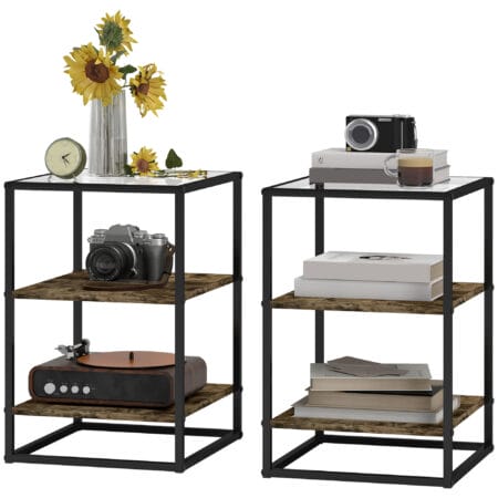 Couchtisch Rustikales 2er-Set 3 Ebenen mit Glasplatte 37x40x55,5cm Braun – Produktfoto zeigt modernes Design, hochwertige Materialien und funktionale Eigenschaften ideal für Wohn- oder Arbeitsbereiche. Perfekt als Einrichtungsinspiration oder zur Produktpräsentation in einem Onlineshop.