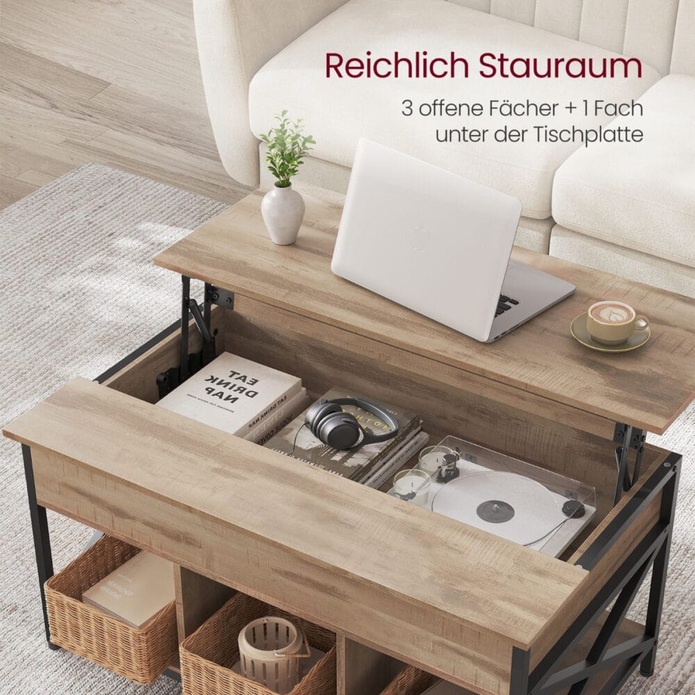 Couchtisch mit Lift-Top Funktion, offenem Stauraumfach für Bücher, Kopfhörer und Plattenspieler, ideal als Wohnzimmertisch mit reichlich Stauraum