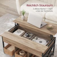 Couchtisch mit Lift-Top Funktion, offenem Stauraumfach für Bücher, Kopfhörer und Plattenspieler, ideal als Wohnzimmertisch mit reichlich Stauraum