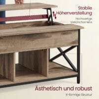 Detailaufnahme Couchtisch mit stabiler Höhenverstellung, hochwertigen Metallscharnieren und robustem X-förmigen Metallgestell