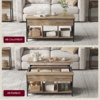 Multifunktionaler Couchtisch als Wohnzimmertisch und Esstisch nutzbar, braune Holzoptik mit Metallrahmen, 3 Fächer für Aufbewahrung