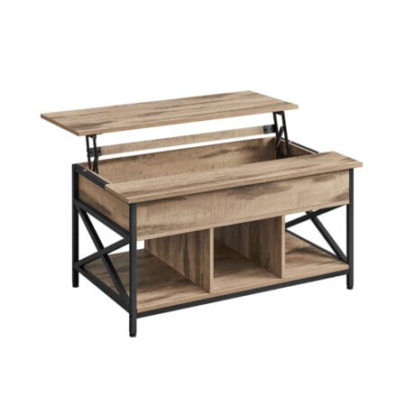Freigestellter Couchtisch mit Hebefunktion und offenem Stauraumfach, industrielle Holzoptik und schwarzes Metallgestell