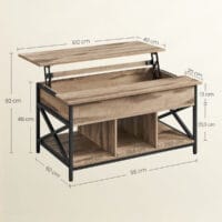 Moderner Couchtisch mit Hebefunktion und Stauraum, Maße 100 x 60 x 62 cm, aus Holzoptik und schwarzem Metallgestell, Detailansicht der Abmessungen