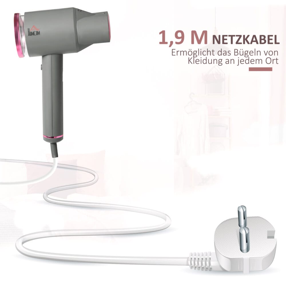 Ein faltbarer Dampfglätter und Handdampfer in Grau und Rosa mit 1520W Leistung.