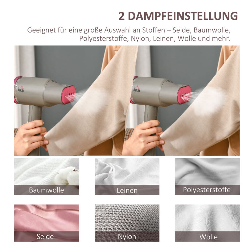 Ein faltbarer Dampfglätter und Handdampfer in Grau und Rosa mit 1520W Leistung.