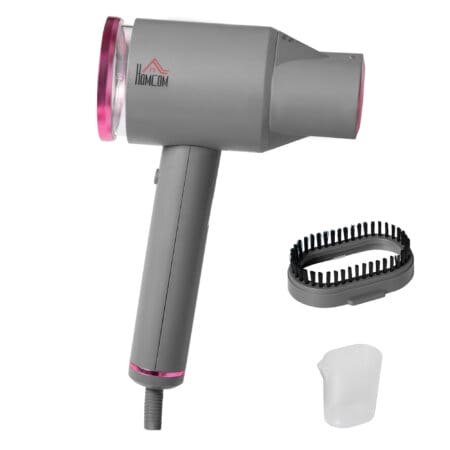 Ein faltbarer Dampfglätter und Handdampfer in Grau und Rosa mit 1520W Leistung.