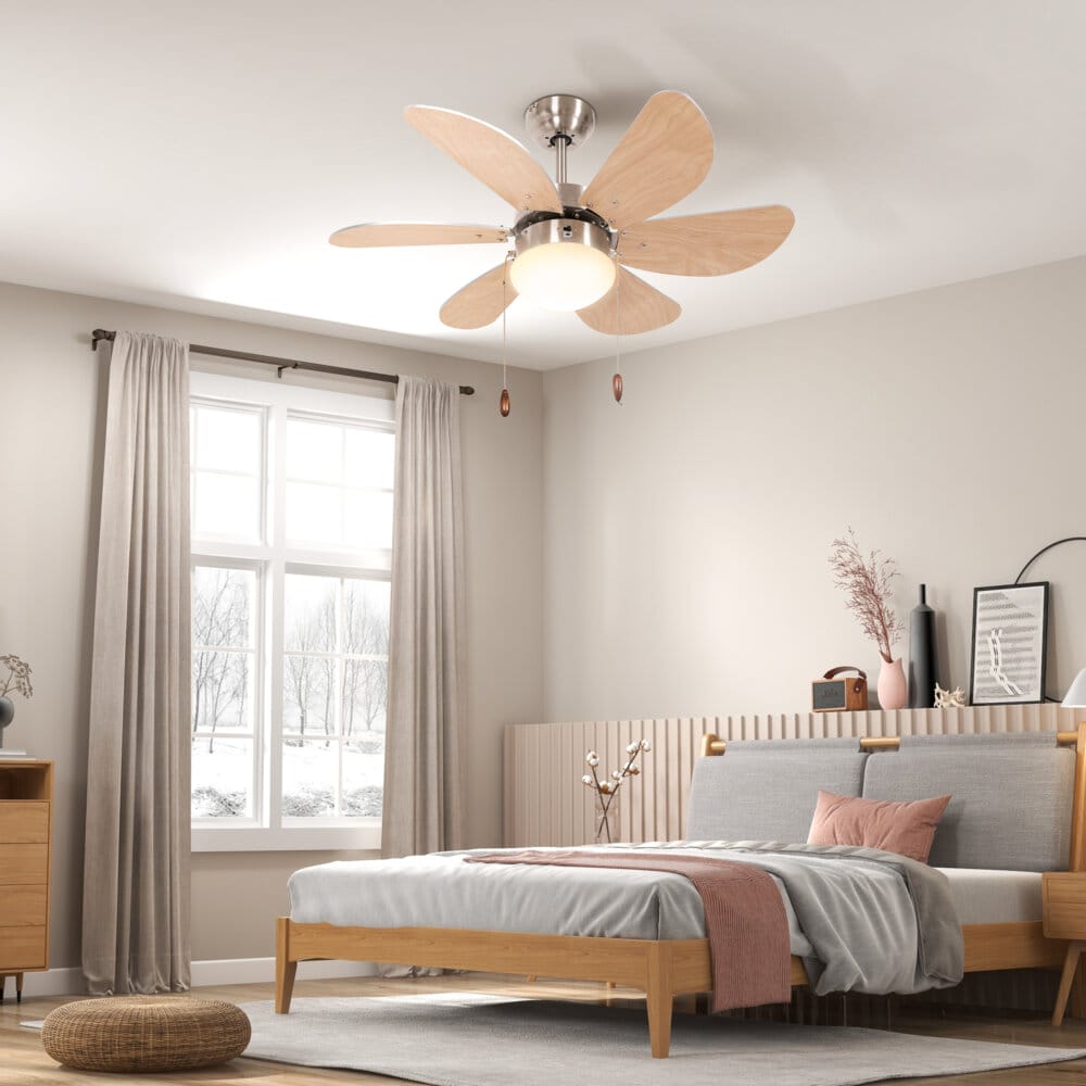 Ein Deckenventilator in Buche-Optik mit 6 Flügeln und integrierter 16W LED-Beleuchtung.